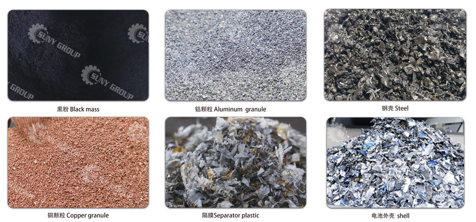 We can get black mass, aluminum granules, copper granules, plastic, steel shell and separator plastic etc.